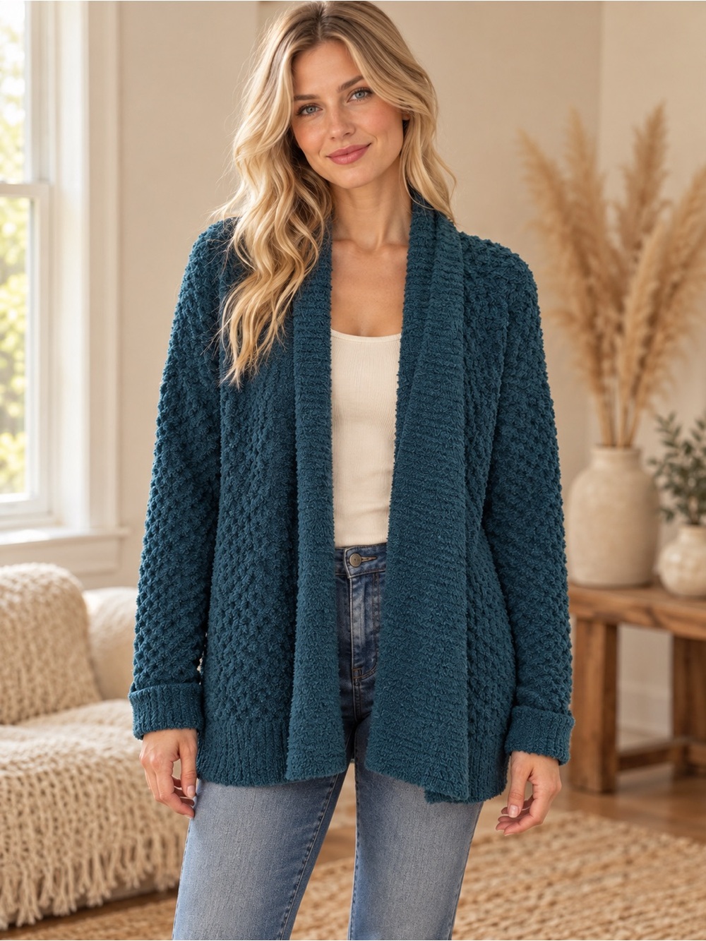 Knox Rose Teal Open-Front Textured Knit Cardigan Boho Minimalist